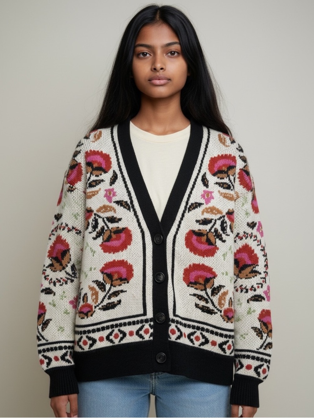 FARM Rio Floral Palm Tree Jacquard Knit Cardigan Sweater Size S